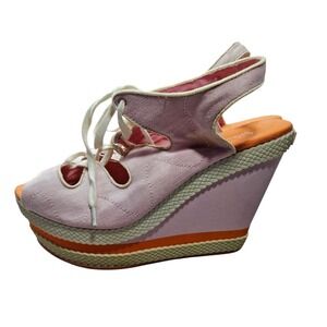 Philip Simon Sz 8.5 Canvas Lace‎ Up Wedge Platform Heels Open Toe Pink #362